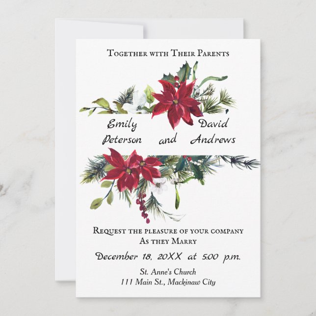 Invitación a la boda de navidades con Poinsettia (Anverso)