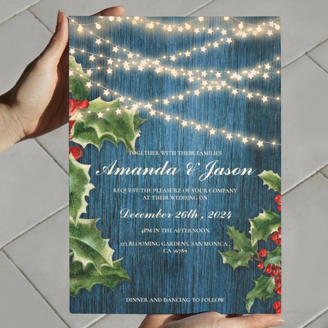 Invitación a la boda de Navidades de Blue Wood Lig (Blue Wood Light Berry Christmas wedding Invitation)