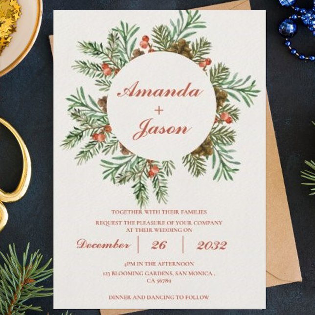 Invitación a la boda de Navidades de Pine Cone de  (Red Berries Pine Cone Christmas wedding Invitation)
