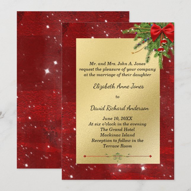 Invitación a la boda de Navidades rojos y de oro (Anverso / Reverso)