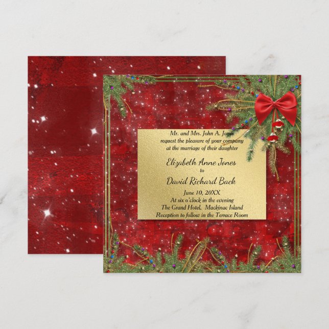 Invitación a la boda de Navidades rojos y de oro (Anverso / Reverso)