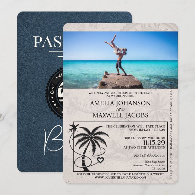 Invitación a la boda de Navy Blue Bahamas Passport (Anverso / Reverso)