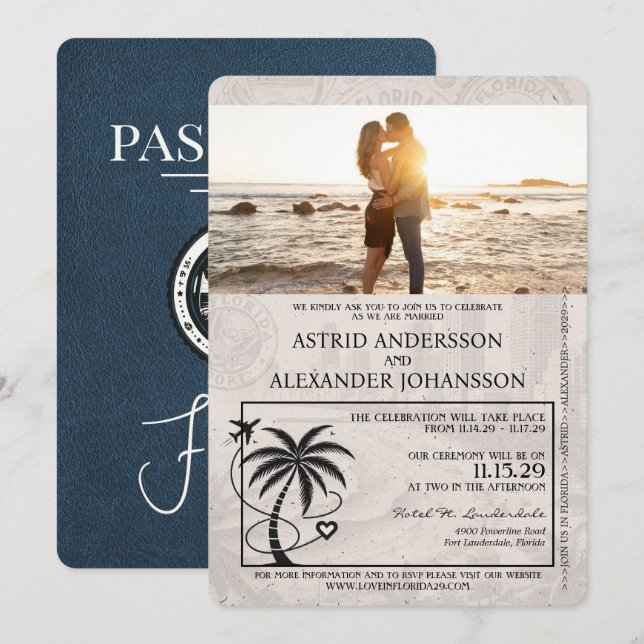 Invitación a la boda de Navy Blue Florida Passport (Anverso / Reverso)