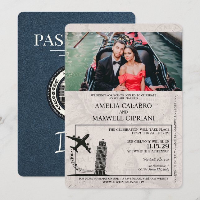 Invitación a la boda de Navy Blue Italy Passport (Anverso / Reverso)