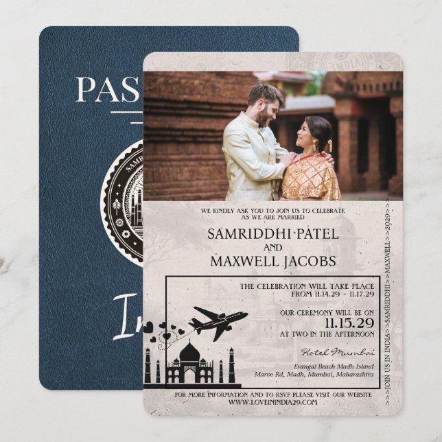 Invitación a la boda de Navy Blue Passport (Anverso / Reverso)