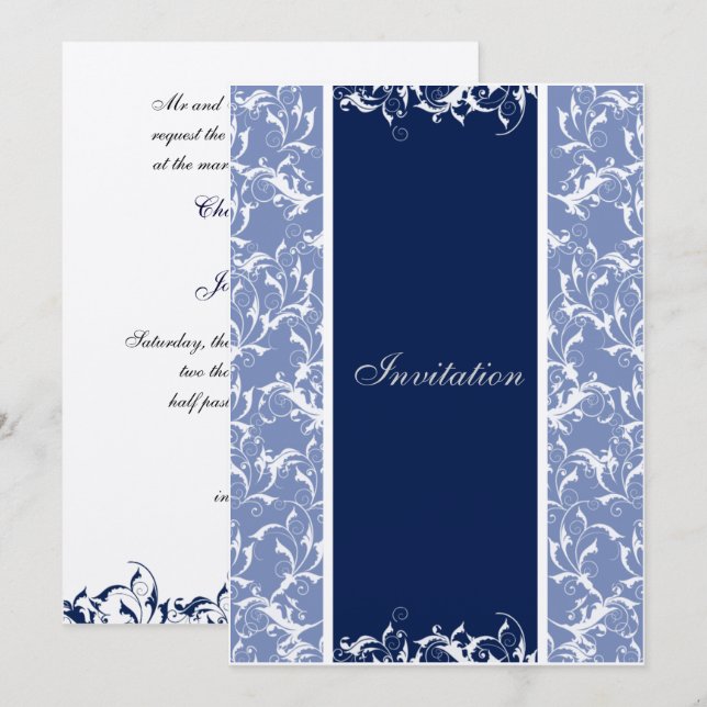 invitación a la boda de navy Damask (Anverso / Reverso)