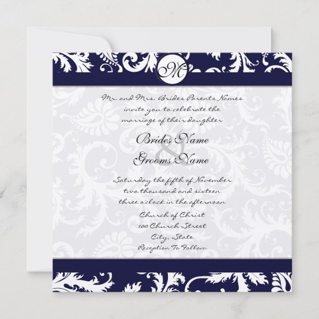 Invitación a la boda de Navy Damask Swirls (Anverso)