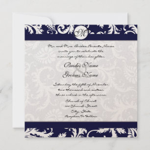 Invitación a la boda de Navy Damask Swirls