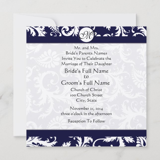 Invitación a la boda de Navy Damask Swirls (Anverso)