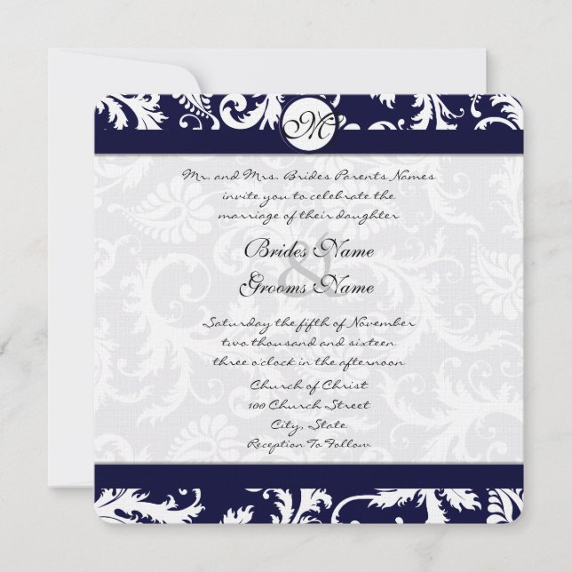 Invitación a la boda de Navy Damask Swirls (Anverso)