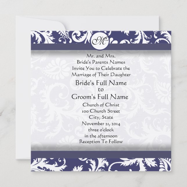 Invitación a la boda de Navy Damask Swirls (Anverso)