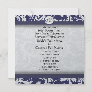 Invitación a la boda de Navy Damask Swirls