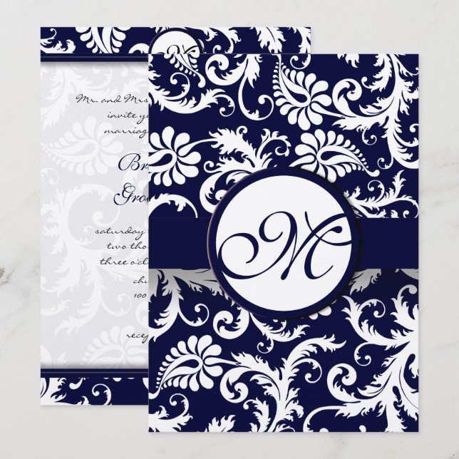 Invitación a la boda de Navy Damask Swirls (Anverso / Reverso)