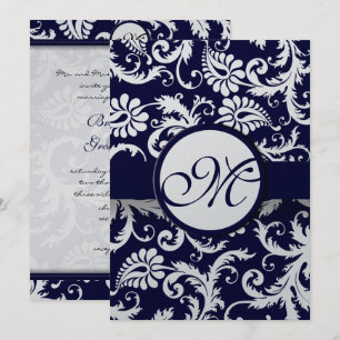 Invitación a la boda de Navy Damask Swirls