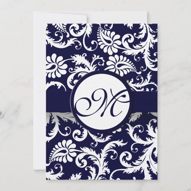 Invitación a la boda de Navy Damask Swirls (Anverso)
