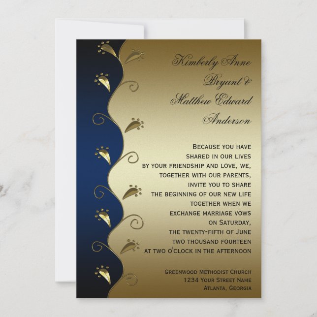 Invitación a la boda de Navy y y Gold Swirls (Anverso)