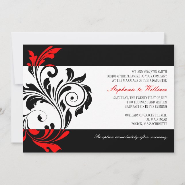 Invitación a la boda de negras y blancas con rojo (Anverso)