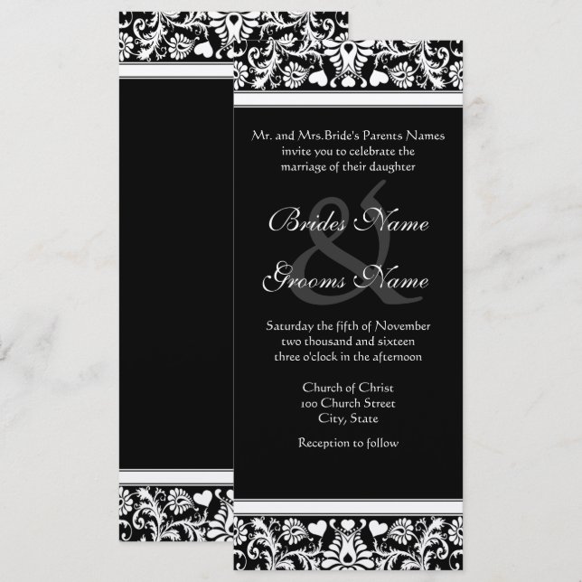 Invitación a la boda de negras y damascos blancos (Anverso / Reverso)