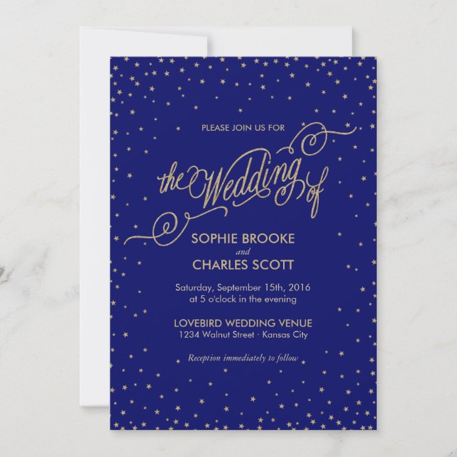 Invitación a la boda de Noche Sky Gold Stars Fancy (Anverso)