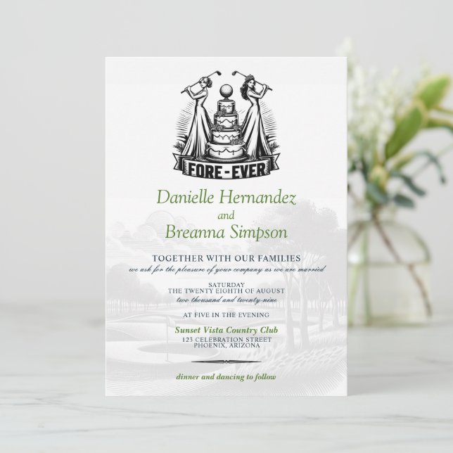 Invitación a la boda de novias de golf (Anverso de pie)