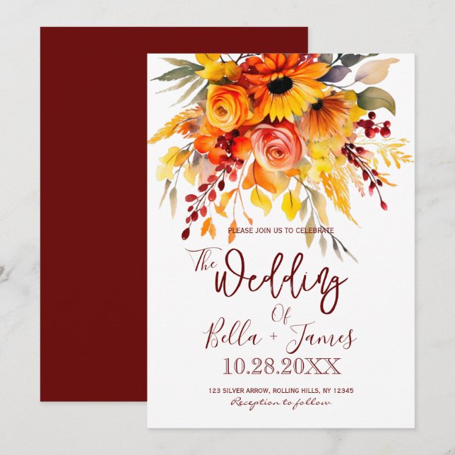 Invitación a la boda de novios de flores de otoño (Anverso / Reverso)