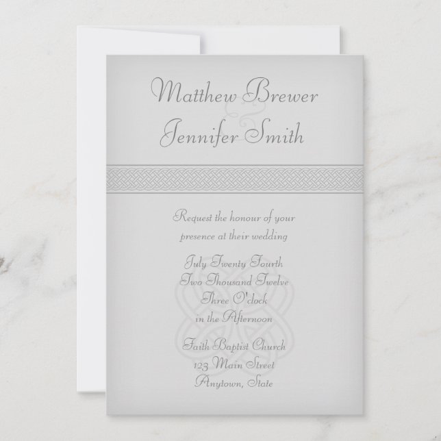 Invitación a la boda de nudo celta gris de Custon (Anverso)