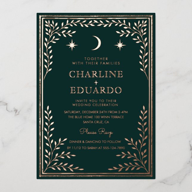 Invitación a la boda de ornamentos de marfil verde (Anverso)