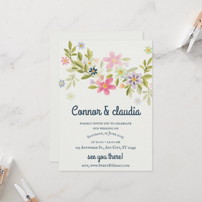 Invitación a la boda de ornamentos florales verdes (Anverso/Reverso In Situ)