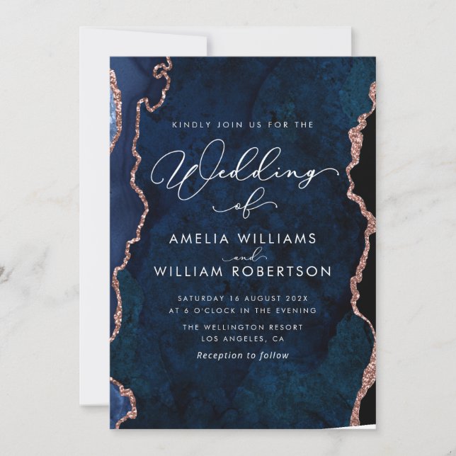 invitación a la boda de oro azul marino y rosa (Anverso)