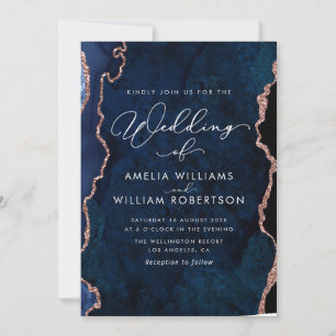 invitación a la boda de oro azul marino y rosa