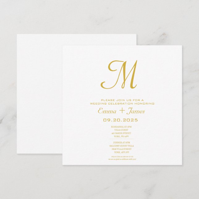 Invitación a la Boda de Oro Blanco con Monograma m (Anverso / Reverso)