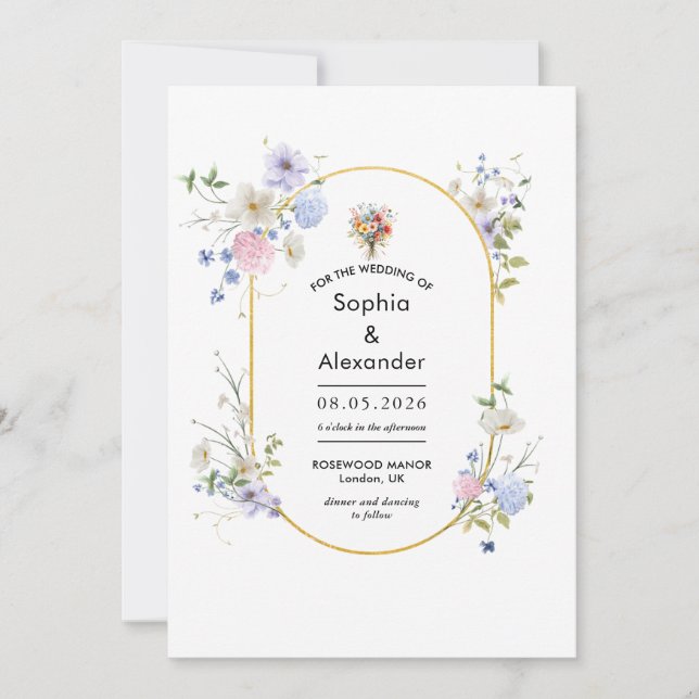 Invitación a la boda de oro con flores silvestres (Anverso)