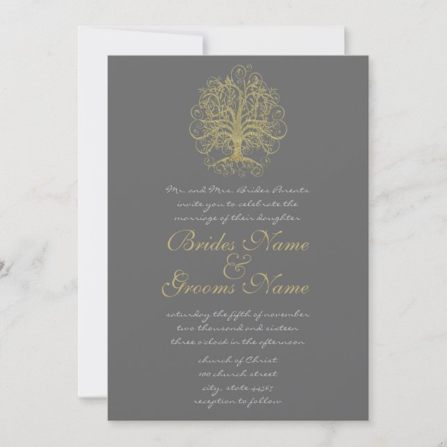 Invitación a la boda de oro con raíces de árbol gi (Anverso)