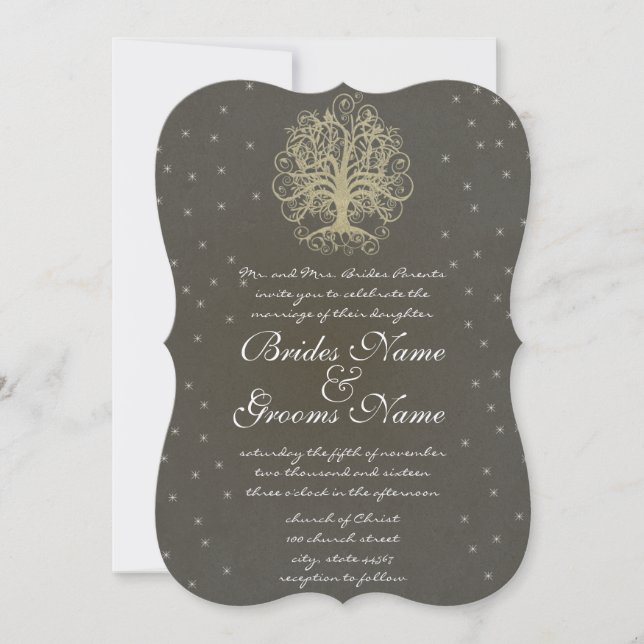 Invitación a la boda de oro con raíces de árbol gi (Anverso)