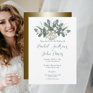 Invitación a la boda de oro con tulipanes blancos