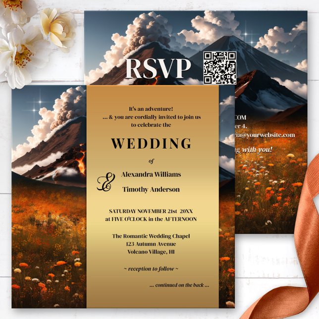Invitación a la Boda de Oro de Aventura Volcánica (Unique adventure destination wedding invitation featuring a volcano and colorful autumn flowers)