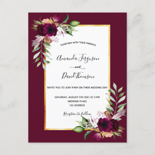 Invitación a la boda de oro de Boho burgundy flori