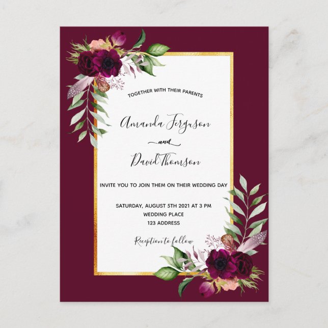 Invitación a la boda de oro de Boho burgundy flori (Anverso)