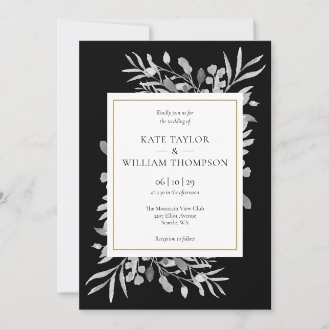 Invitación a la Boda de Oro de Foliage Blanco Y Ne (Anverso)