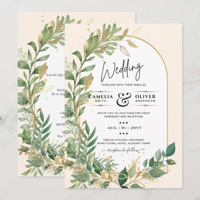 Invitación a la Boda de Oro de la Hoja de Verdor B (Anverso / Reverso)