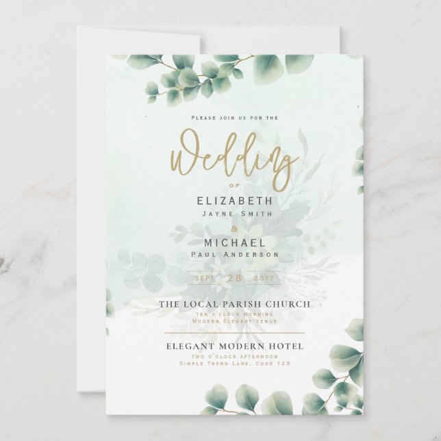 Invitación a la boda de oro de LeahG Greenery Gold (Anverso)