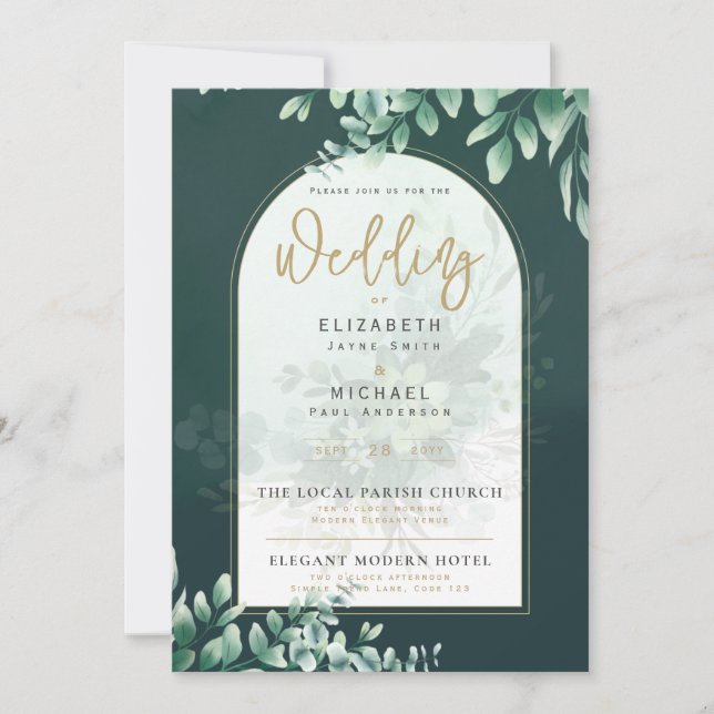 Invitación a la boda de oro de LeahG Greenery Gold (Anverso)