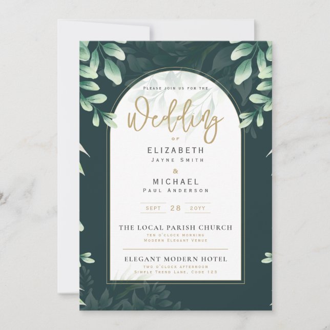 Invitación a la boda de oro de LeahG Greenery Gold (Anverso)
