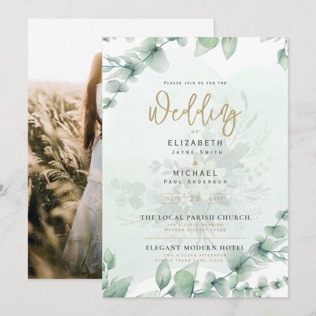 Invitación a la boda de oro de LeahG Greenery Gold (Anverso / Reverso)