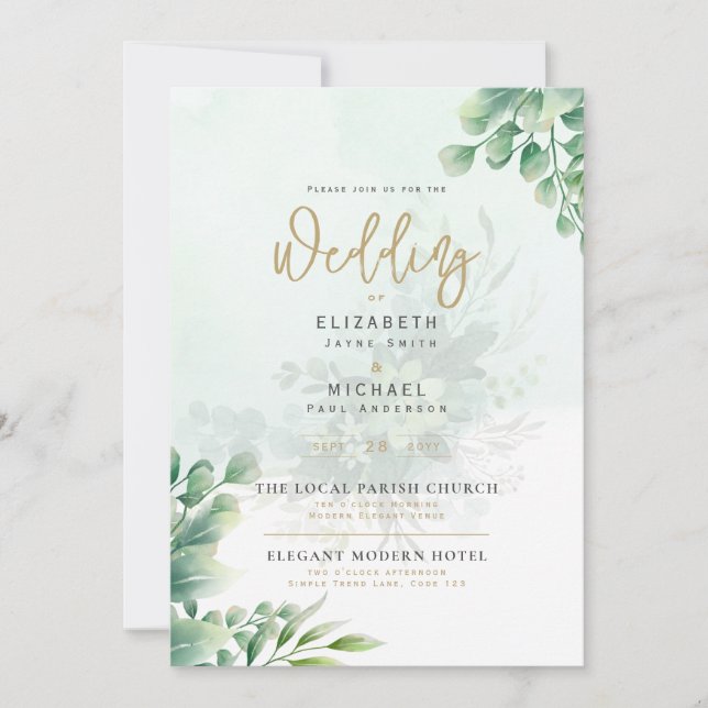 Invitación a la boda de oro de LeahG Greenery Gold (Anverso)