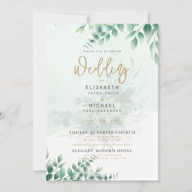 Invitación a la boda de oro de LeahG Greenery Gold (Anverso)