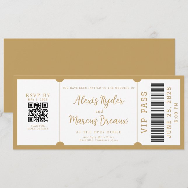 Invitación a la Boda de Oro de moda de Ticket VIP (Anverso / Reverso)