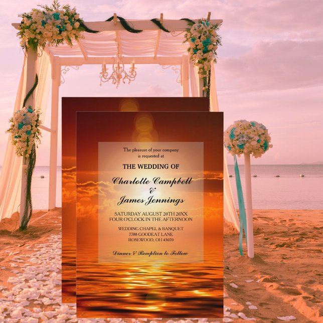 Invitación a la Boda de Oro del Naranja Golden Sky (Sunset Orange Golden Sky Sea Gold Wedding Invite)