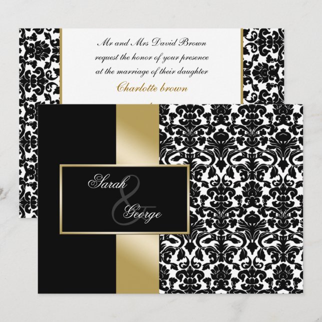 invitación a la boda de oro en damasco monograma (Anverso / Reverso)