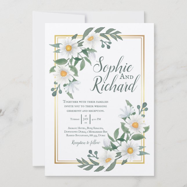 Invitación a la Boda de Oro Floral Blanca Daisies (Anverso)
